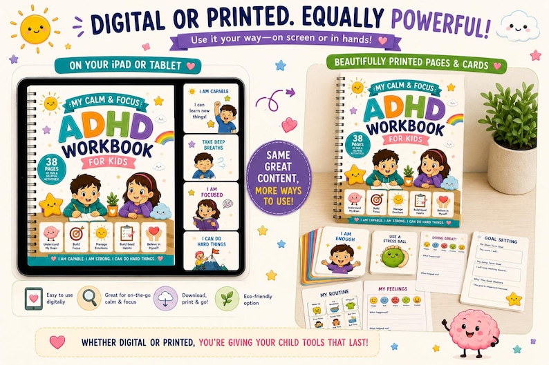 ADHD Workbook for Kids Printable Bundle | Calm Down Cards, Parent Guide ...