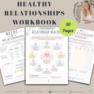 Op de afbeelding: Een werkboek van 30 pagina's over gezonde relaties, bestaande uit drie geprinte vellen met pastelkleurige diagrammen, checklists en reflectievragen. De pagina's bevatten titels, tekst en diverse iconen die de verschillende onderwerpen verduidelijken.