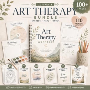 Peut inclure: Un ensemble Ultimate Art Therapy Bundle comprenant un cahier à spirales, des feuilles d'activités imprimables et des cartes. Inclut une roue Emotion Explorer, une palette d'aquarelle, des crayons de couleur dans un pot, et des cartes Art Prompt, Emotion, Mindfulness, Affirmation et Posters.