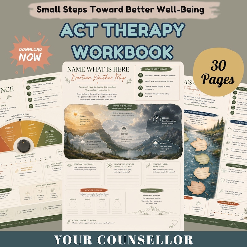 ACT Workbook,Acceptance Commitment Therapy Worksheets, Psychological Flexibility, Cognitive Defusion, Mindfulness, Values, Mental Health PDF