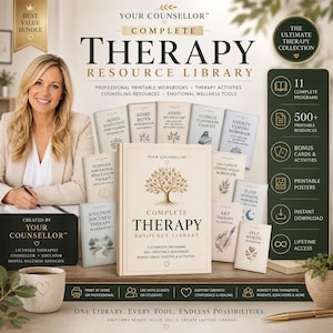 Op de afbeelding: Een verzameling printbare therapiewerkboeken en bronnen getiteld Complete Therapy Resource Library. De set bevat 11 programma's, 500+ printbare bronnen, bonuskaarten en activiteiten, met een centraal boek met een boomillustratie.