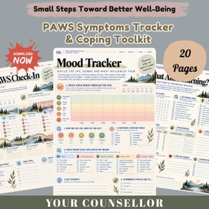 May include: A 20-page digital PAWS Symptoms Tracker and Coping Toolkit featuring a mood tracker, check-in sheets, and progress reviews. The pages include sections for tracking daily emotions, physical symptoms, triggers, and personal insights.