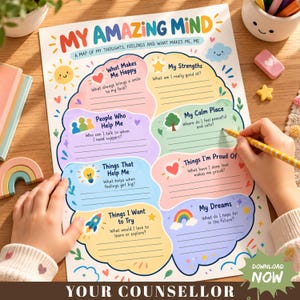 May include: A colorful worksheet titled MY AMAZING MIND with sections for thoughts and feelings including What Makes Me Happy, My Strengths, People Who Help Me, My Calm Place, Things That Help Me, Things I'm Proud Of, Things I Want To Try, and My Dreams.