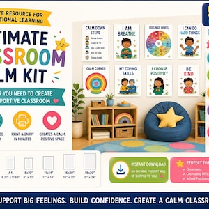 Puede incluir: Un kit digital de calma para el aula con 50 pósteres en 5 colecciones para el aprendizaje socioemocional. El kit incluye archivos imprimibles en tamaños A4, 8x10, 11x14, 16x20 y 18x24 pulgadas para crear un entorno de aula de apoyo.