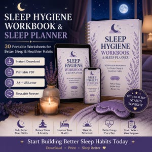 May include: A Sleep Hygiene Workbook and Sleep Planner set featuring a spiral-bound book, a tablet, and a smartphone displaying the title. Includes a purple sleep mask, a lit candle, and lavender sprigs. Text includes Better Sleep Starts Tonight.
