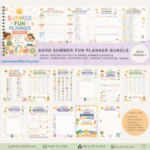 May include: A digital ADHD Summer Fun Planner bundle featuring a spiral-bound cover and multiple printable pages including a 2026 calendar, daily routines, weekly planners, visual schedules, bucket lists, activity ideas, and habit trackers.