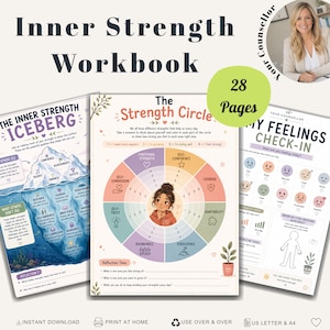 May include: A 28-page Inner Strength Workbook featuring three printable sheets: The Inner Strength Iceberg, The Strength Circle with a central illustration of a person, and a My Feelings Check-In sheet with various emotion icons and a body outline.