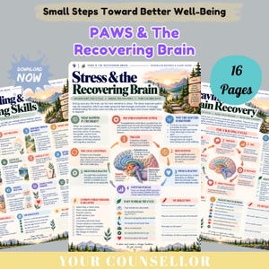 Puede incluir: Un recurso digital de 16 páginas titulado Paws & The Recovering Brain, que presenta infografías educativas sobre el estrés, la función cerebral y los ciclos de recuperación, con diagramas del cerebro, listas de texto e ilustraciones.