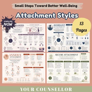 May include: A 13-page digital educational guide titled Small Steps Toward Better Well-Being Attachment Styles. It features four distinct sections detailing disorganised, avoidant, anxious, and secure attachment styles with diagrams, text, and icons.