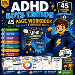 Puede incluir: Una vibrante portada del cuaderno de trabajo ADHD Boys Edition con temática de superhéroes. La portada presenta a un niño de dibujos animados con un traje de superhéroe azul con un rayo. El cuaderno incluye 45 páginas imprimibles para la concentración, la confianza y el crecimiento emocional.