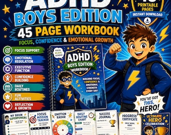 ADHD Boys Edition Workbook Printable | Calm, Focus & Confidence Activities for Boys | Emotional Regulation + ADHD Support Tools