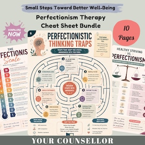 May include: A 10-page digital therapy cheat sheet bundle titled Small Steps Toward Better Well-Being and Perfectionism Therapy Cheat Sheet Bundle. The pages feature educational diagrams, a maze graphic, and scales regarding perfectionistic thinking.