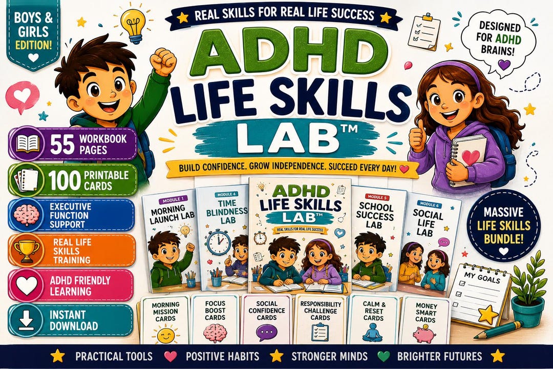 ADHD Life Skills LAB™ Workbook Bundle for Kids | 55 Pages + 100 ...