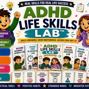 Puede incluir: El conjunto de cuaderno y tarjetas ADHD Life Skills Lab presenta ilustraciones de dibujos animados de niños, con texto que incluye "Real Skills for Real Life Success", "55 Workbook Pages", "100 Printable Cards" y títulos como "Morning Launch Lab".