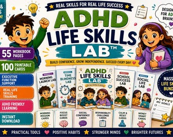 Ensemble de cahiers d'exercices TDAH Life Skills LAB™ pour enfants | 55 pages + 100 cartes imprimables | Fonction exécutive et activités sociales