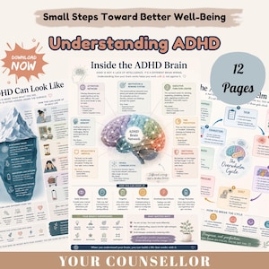 May include: A 12-page educational digital guide titled Small Steps Toward Better Well-Being: Understanding ADHD. The pages feature infographics, including a colorful brain diagram, an iceberg illustration, and charts explaining ADHD brain functions.