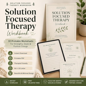 Peut inclure: Un cahier d'exercices de thérapie centrée sur les solutions comprenant 30 fiches imprimables pour les forces, les objectifs et le changement positif. L'ensemble inclut une couverture, une tablette affichant la question miracle et des fiches.