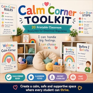 Printbare toolkit voor een rusthoek in de klas, set voor een rusthoek in de klas, activiteiten voor emotieregulatie, posters over sociaal-emotioneel leren, decoratie voor de counselingpraktijk (pdf)