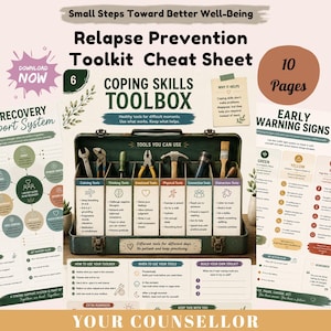 May include: A 10-page Relapse Prevention Toolkit Cheat Sheet featuring a central illustration of a green metal toolbox filled with various tools. The document includes sections titled Coping Skills Toolbox, Recovery Support System, and Early Warning Signs.