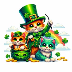 Puede incluir: Una ilustración caprichosa presenta tres gatos de dibujos animados celebrando el Día de San Patricio. Un gato lleva un sombrero y una chaqueta verdes de duende, sosteniendo una varita. Otro gato sostiene una olla de oro, y un tercer gato es verde. Un arcoíris y tréboles completan la escena.