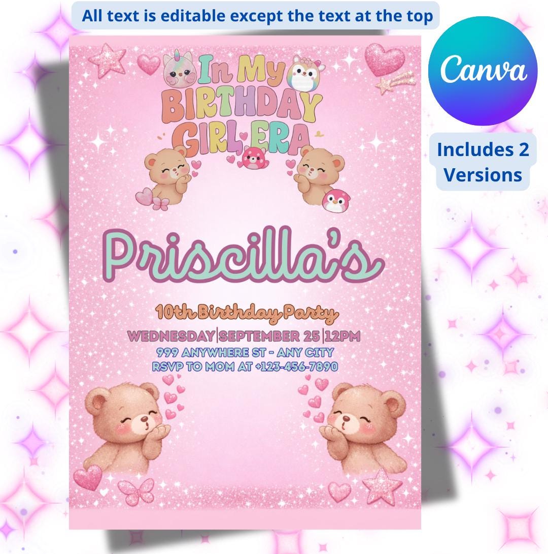 Girl Era Birthday Invitation – Pink Bear Theme – Editable Template ...