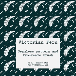 Può includere: Motivo senza cuciture con fronde di felce bianche e piccoli trattini bianchi su sfondo verde scuro. Il testo "Victorian Fern" e "Seamless pattern and Procreate brush" è visualizzato su un rettangolo bianco.