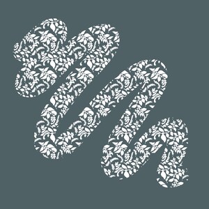 May include: A white floral pattern decorates a wavy, abstract shape against a muted teal background. The design features detailed leaves and botanical elements, creating a textured, organic feel. The overall aesthetic is modern and decorative.