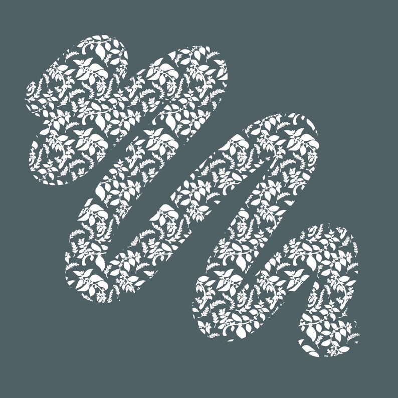 May include: A white floral pattern decorates a wavy, abstract shape against a muted teal background. The design features detailed leaves and botanical elements, creating a textured, organic feel. The overall aesthetic is modern and decorative.