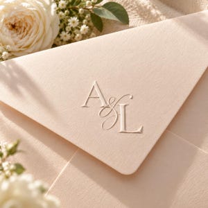 May include: A light peach-coloured envelope featuring a debossed monogram of the letters A and L connected by an ampersand in the centre. The paper has a textured finish and is positioned near white flowers with green leaves.