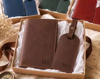 Personalized Passport Holder & Luggage Tag Set, Custom Leather Wedding Gift, Groomsmen Proposal Gift, Bridesmaid Travel Gift