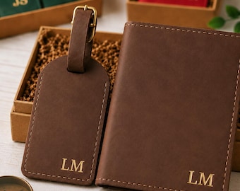 Personalised Leather Passport Holder & Luggage Tag Set, Bridesmaid, Bride or Honeymoon Gift, Travel Accessories, Custom Gifts for Her