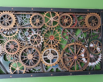 Decoración mural mecánica steampunk: engranajes de madera en 3D, cadenas, decoración industrial, diseño de Paul Williams.