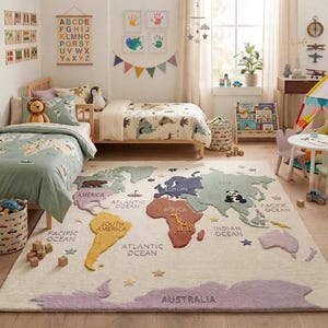 May include: A large rectangular area rug featuring a world map design with raised, textured continents in various colors including yellow, orange, green, and purple on a cream background, with labels for oceans and continents printed on the surface.