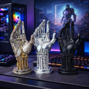 May include: Three robotic hand sculptures in silver, black, and bronze. The hands are detailed with mechanical components and are displayed on a dark surface. The background includes a computer and a monitor displaying a futuristic scene.