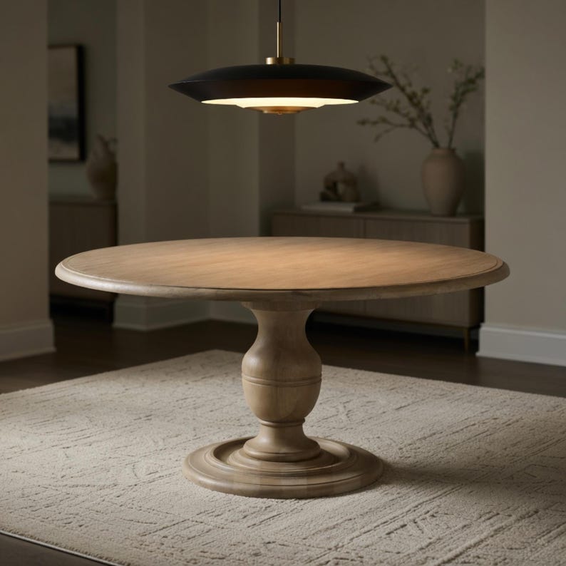 May include: A round wooden dining table with a pedestal base. The table is light brown and sits on a patterned rug. A black and gold pendant light hangs above the table, illuminating the surface. The table is approximately 48 inches in diameter.