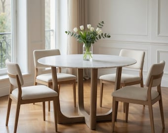 Coventry Round Marble Dining Table – Mid Century Modern Mango Wood Base