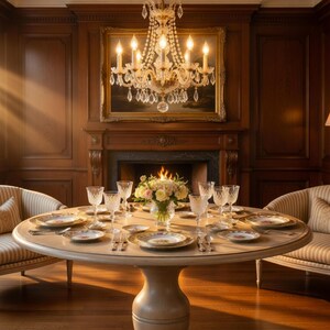 May include: A formal dining room with a round table set for a meal. The table is set with plates, silverware, and wine glasses. A floral centerpiece sits in the middle. A crystal chandelier hangs above the table. Two striped armchairs are on either side of the table.