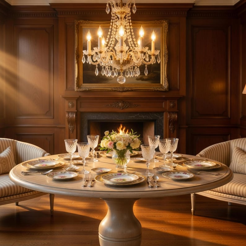 May include: A formal dining room with a round table set for a meal. The table is set with plates, silverware, and wine glasses. A floral centerpiece sits in the middle. A crystal chandelier hangs above the table. Two striped armchairs are on either side of the table.