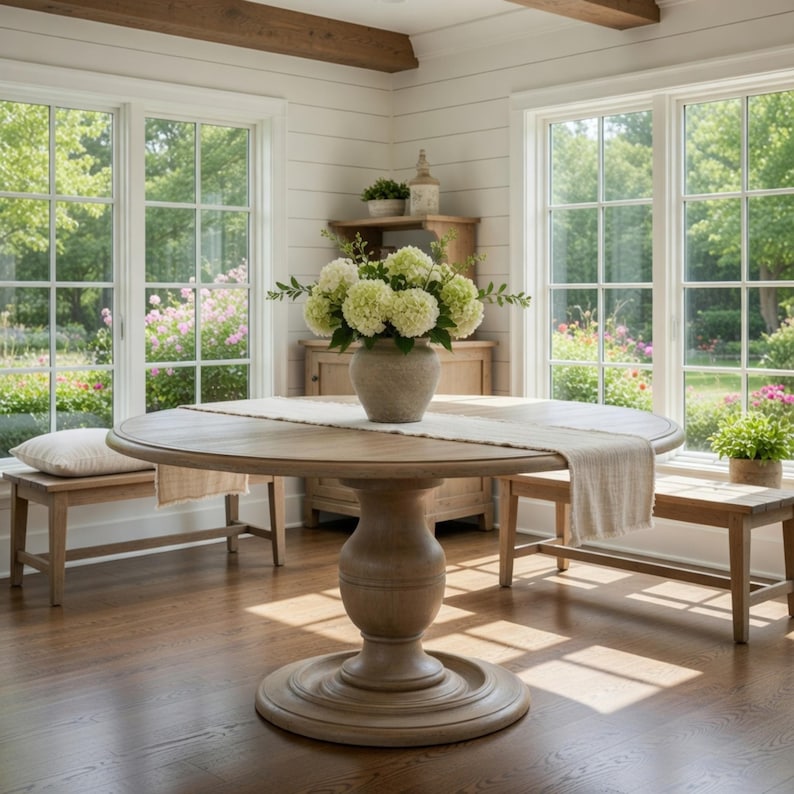 May include: A round, light-brown wooden dining table with a pedestal base. The table is set with a cream-colored runner and a vase of white flowers. Two benches and two windows are visible in the background.