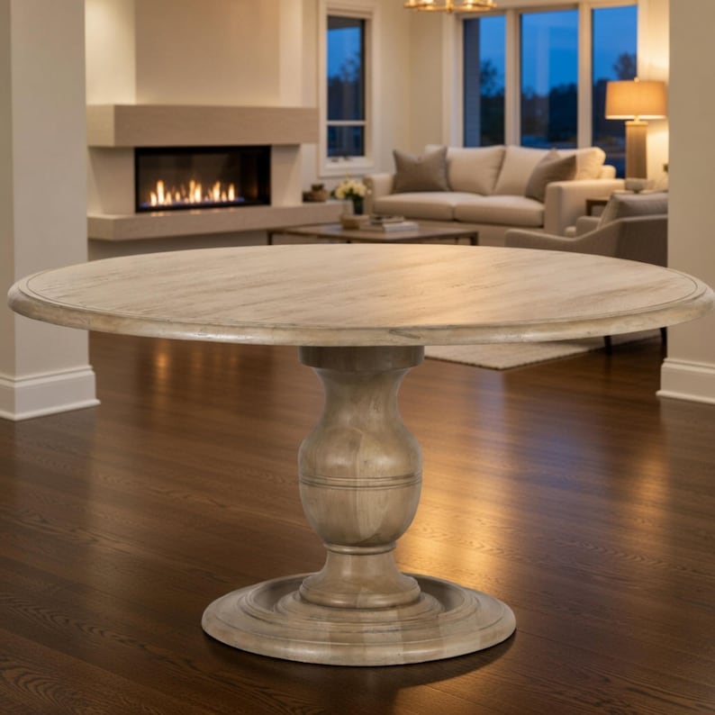 May include: A round, light-colored wooden dining table with a pedestal base. The table has a smooth, light-toned surface and a sturdy, carved pedestal. The table is approximately 48 inches in diameter, suitable for a dining room or kitchen.