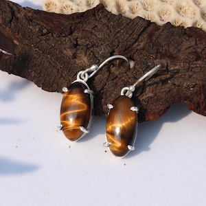 Oval Tiger's Eye Dangle Earrings – Sterling Silver Vintage Style Gemstone Jewelry