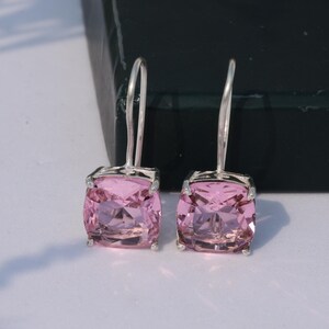 Pink Cushion Cut Gemstone Dangle Earrings – 925 Sterling Silver Hoops, Elegant Statement Jewelry
