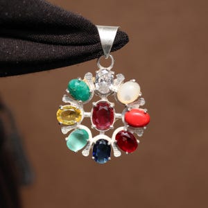 Navratna Nine Stone Pendant in 925 Sterling Silver, Multicolor Gemstone Astrology Spiritual Jewelry