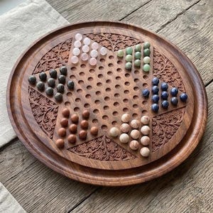 Hand-Carved Rosewood Chinese Checkers Board – Solid Wood Game with Glass Marbles