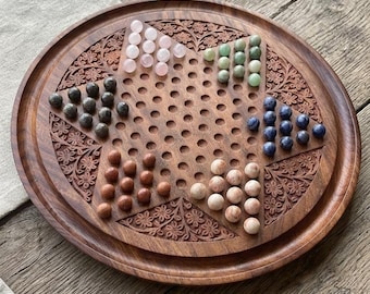 Hand-Carved Rosewood Chinese Checkers Board – Solid Wood Game with Glass Marbles