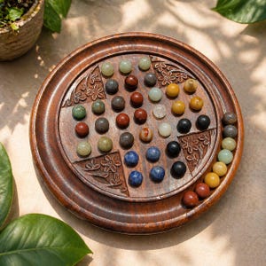 May include: A wooden solitaire board game with a circular design and carved floral accents. The board holds a collection of colorful marbles in various shades of red, green, blue, yellow, and black. The game is set on a light brown surface.