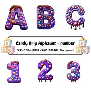 Puede incluir: Ilustración digital de las letras A, B y C, y los números 1, 2 y 3. Cada letra y número es morado con decoraciones de caramelos coloridos y un efecto de goteo de chocolate. La imagen también incluye el texto "Candy Drip Alphabet - number".