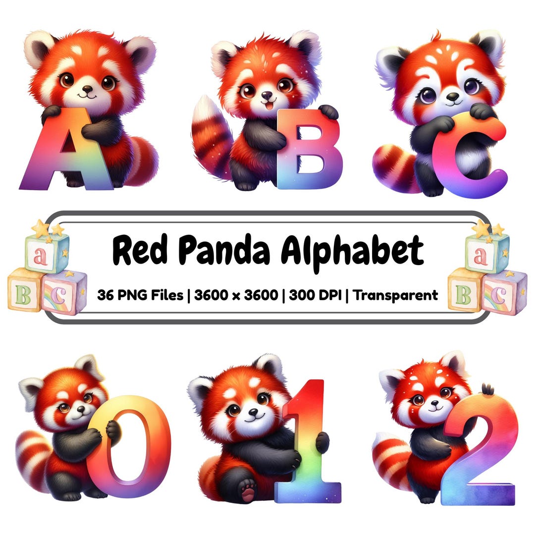 Red Panda Alphabet PNG Set | Kids Learning Letters Numbers (digital ...