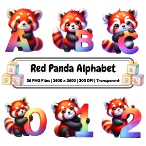 May include: A digital illustration of a red panda holding the letters A, B, and C, and the numbers 0, 1, and 2. The letters and numbers are in a rainbow gradient. The image also includes the text "Red Panda Alphabet".