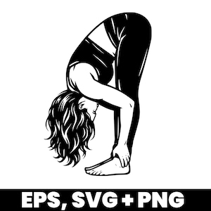Könnte beinhalten: Schwarz-Weiß-Illustration einer Person in einer Yoga-Vorbeugehaltung. Die Person trägt ein Tanktop und Leggings. Das Bild enthält den Text "EPS, SVG + PNG" am unteren Rand.